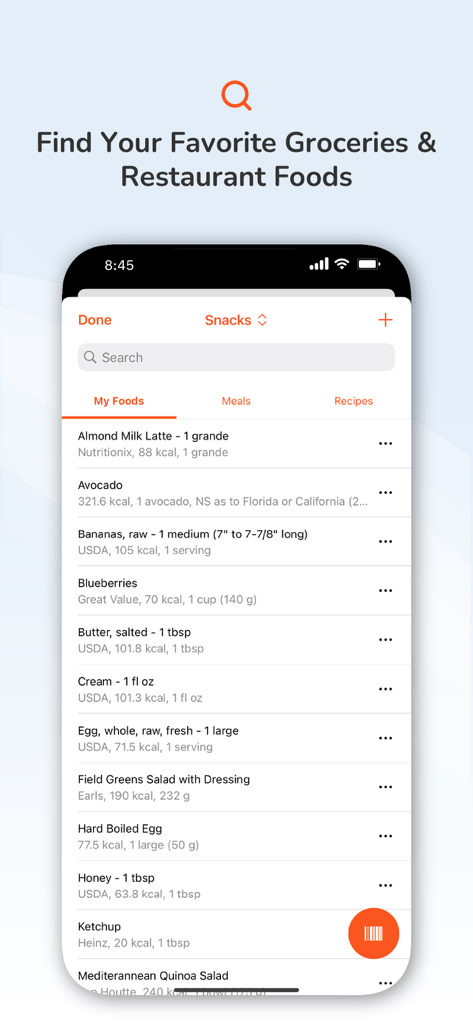 Calorie Counter by Pro Tracker - Search interface for groceries and restaurant foods in the Calorie Counter by Pro Tracker app