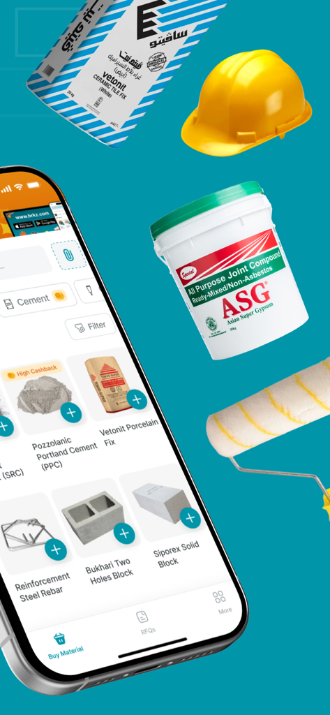 BRKZ - Smartphone screen showing the BRKZ app interface with construction materials and building supplies