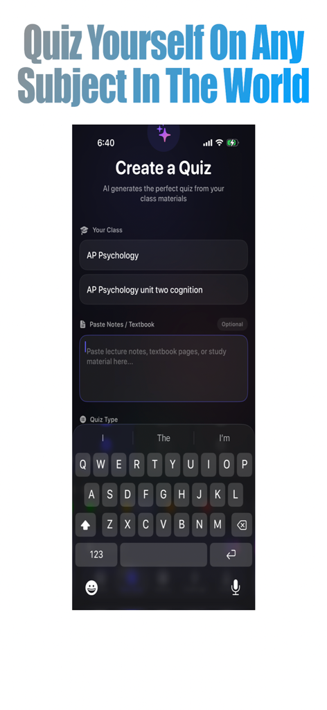 Study Quizzer - Study Quizzer app screen showing the AI quiz creation process with an AP Psychology example in dark mode interface