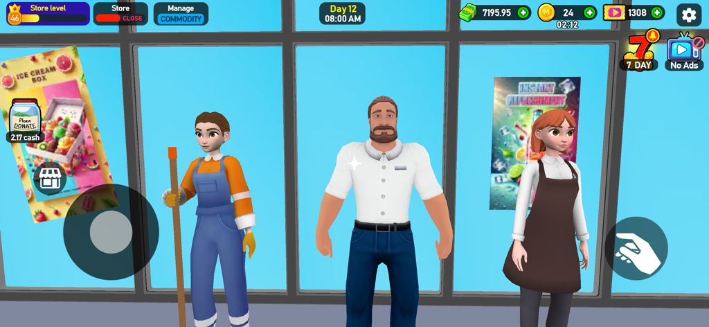 Three 3D character models from Supermarket Tycoon 3D representing the store manager and staff members.