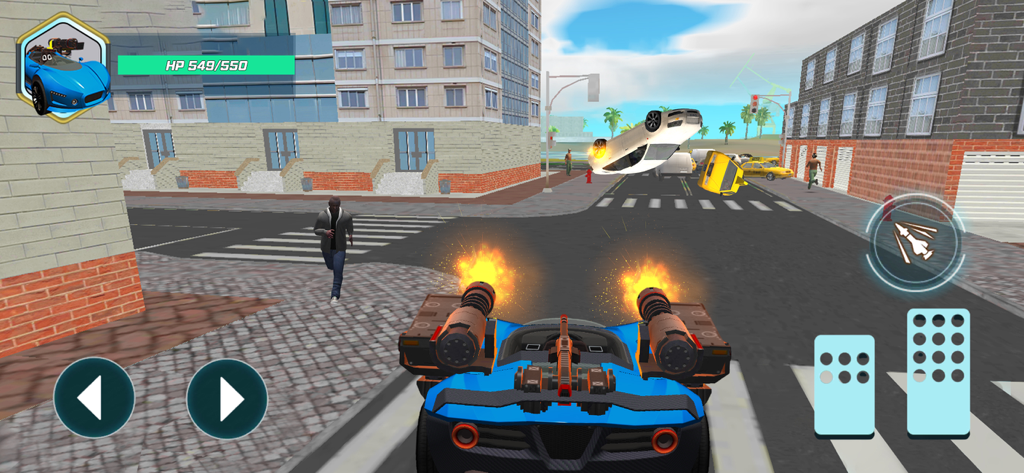 City War: Street Battle - 街の通りで発砲している機関銃を装備した青い装甲車