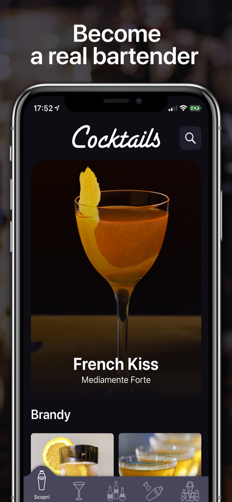 Cocktails For Real Bartender - Pantalla de inicio de la aplicación móvil Cocktails For Real Bartender con una receta de cóctel French Kiss