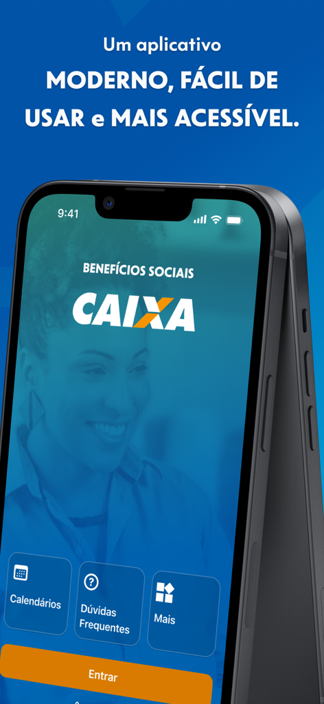 Benefícios Sociais CAIXA - Home screen of the Beneficios Sociais CAIXA app on a smartphone featuring a modern interface and access to government benefits