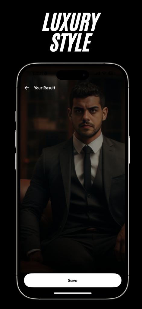 AI Photo Generator  - AURA 18 - Retrato profesional masculino generado por IA con un traje de lujo en la app Aura 18