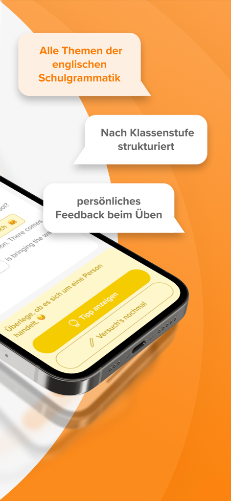phase6: Practice vocabulary - Capture d'écran de l'application phase6 montrant une session d'entraînement de grammaire anglaise avec des bulles de dialogue mettant en évidence des fonctionnalités telles que la structure par niveau scolaire et les commentaires personnalisés