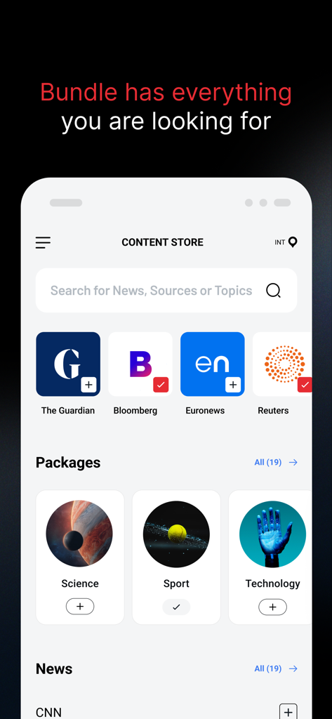 Bundle News: Breaking & Local - Bundle Newsアプリのコンテンツストアのインターフェースに、科学やテクノロジーなどのニュースソースやトピックカテゴリが表示されています