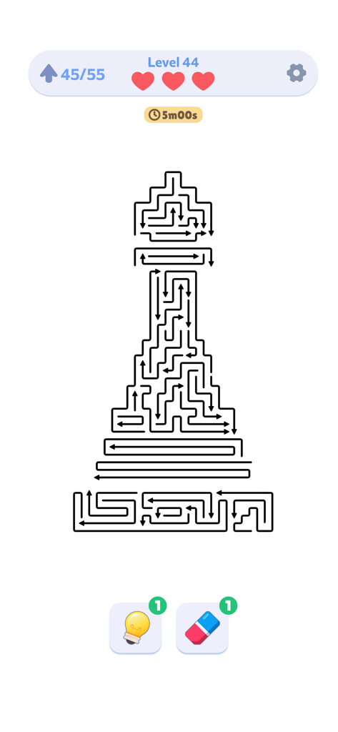 Arrow Jam Escape - Gameplay screenshot of Arrow Jam Escape showing a complex arrow maze puzzle shaped like a chess piece with game lives and a timer.