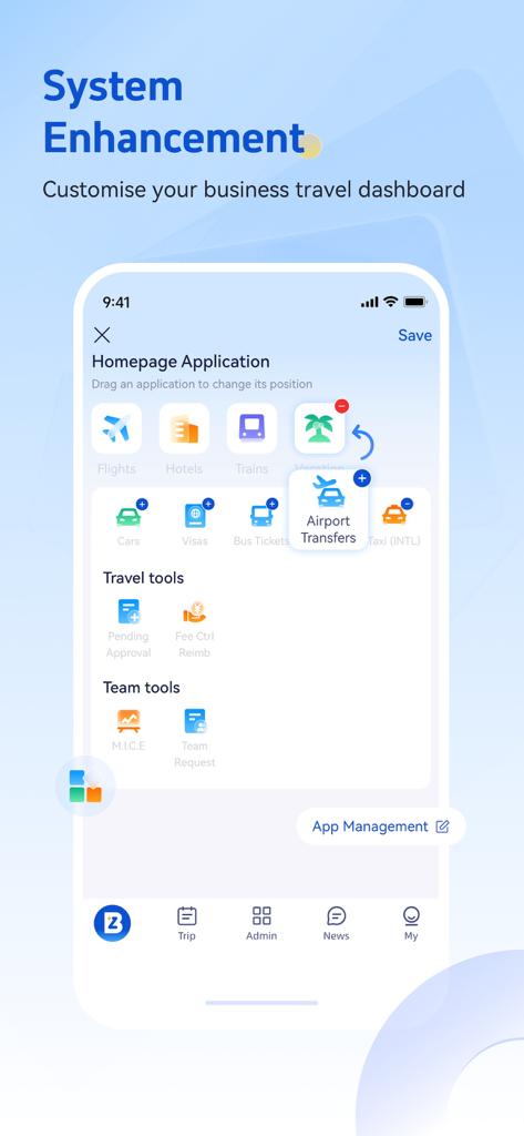 BizTravel-TMC experts - L'interface de l'application BizTravel présente un tableau de bord personnalisable pour les voyages d'affaires, où les utilisateurs peuvent glisser-déposer des icônes pour les vols, les hôtels et les transferts aéroport.