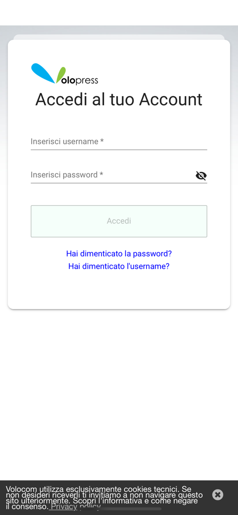 Schermata di accesso dell'app mobile VoloPress