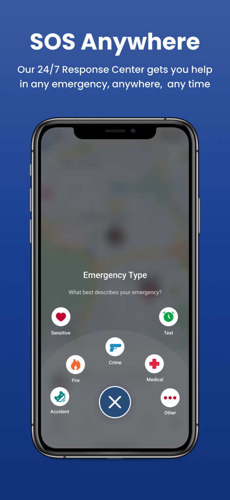 Namola app interface showing emergency type selection icons for crime, fire, medical, and accident assistance.
