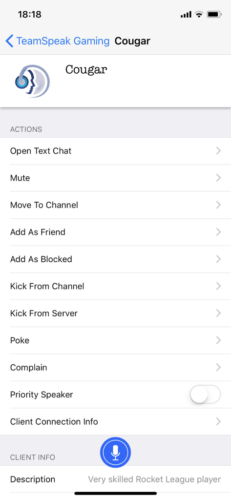 TeamSpeak 3 - Menú de perfil de usuario de TeamSpeak 3 con acciones administrativas e información del cliente