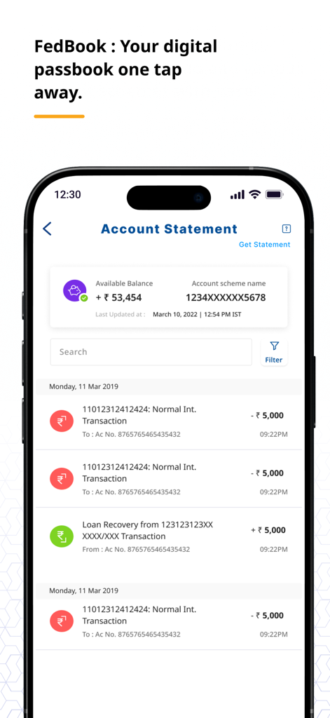FedMobile - デジタル通帳の口座明細と取引履歴を表示するFedMobileアプリのスクリーンショット