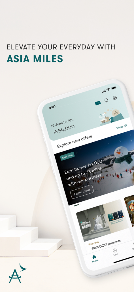 Asia Miles - Asia Miles app displayed on a smartphone screen showing user mileage balance and travel offers