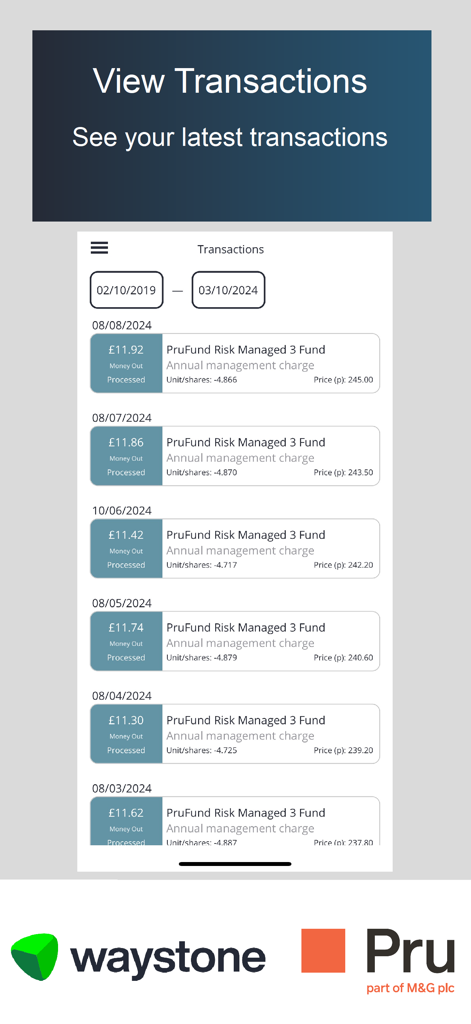 Prudential ISA Mobile - A screenshot showing the transaction history screen of the Prudential ISA Mobile app with fund management charges.