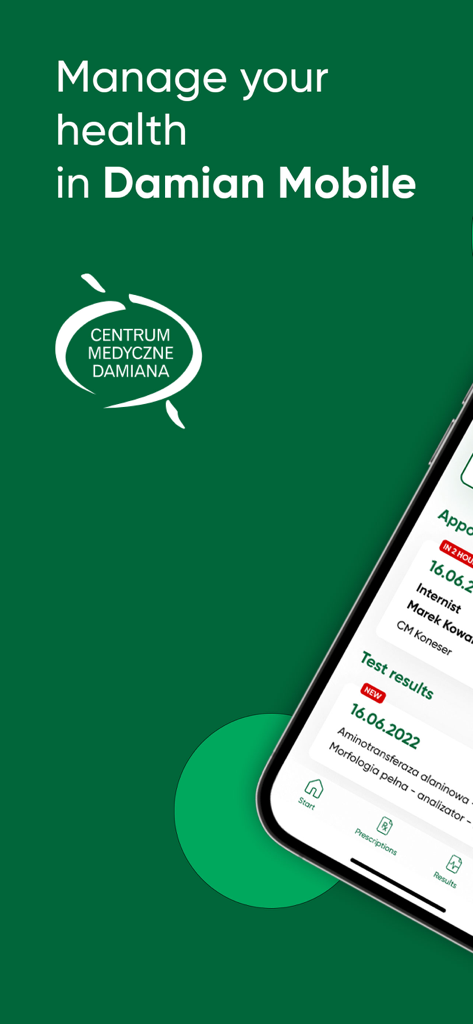 Tela de smartphone exibindo o aplicativo médico Damian Mobile para rastrear consultas e resultados de exames.