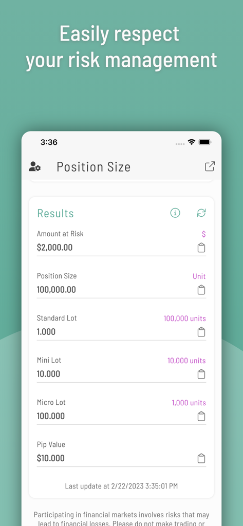Bildschirm der FX Positionsrechner-App mit berechneten Positionsgrößen und Pip-Werten für das Risikomanagement beim Währungshandel.