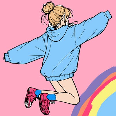realistic girl jumping with a bun and oversized sweatshirt