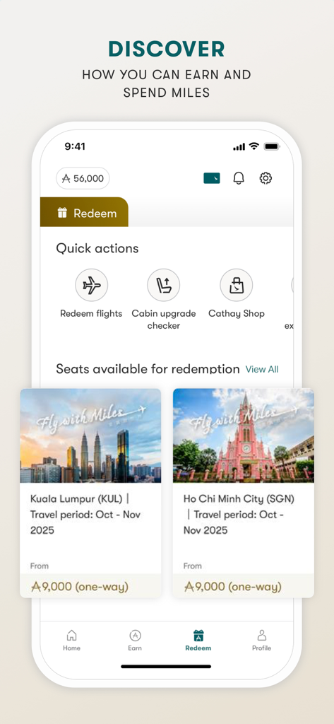 Asia Miles - Asia Miles app interface showing mileage balance and flight redemption options for Kuala Lumpur and Ho Chi Minh City starting from 9000 miles