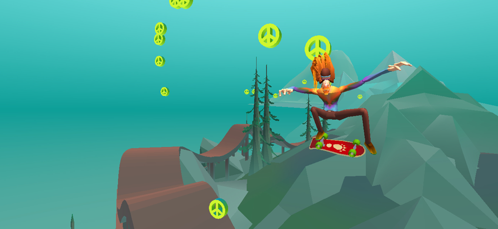 Hippy Skate - Um skatista realizando um salto em um ambiente de montanha psicodélica enquanto coleta sinais de paz.