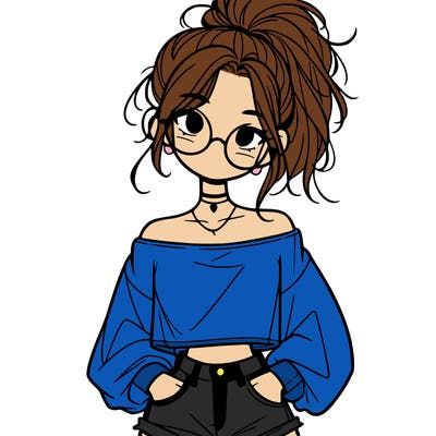 girl with a messy ponytail glasses a baggy crop top and jean shorts