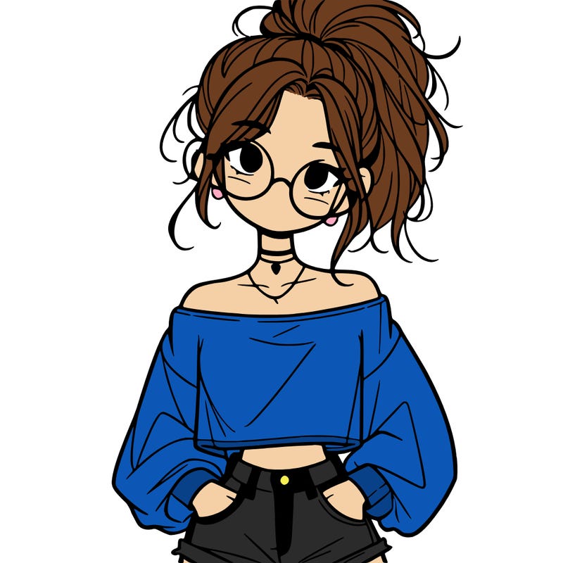 girl with a messy ponytail glasses a baggy crop top and jean shorts