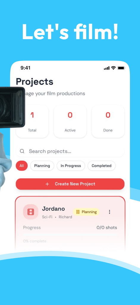 Dashboard dei progetti di OnTs Shotlist Organizer che mostra la gestione delle attività cinematografiche e il monitoraggio dei progressi