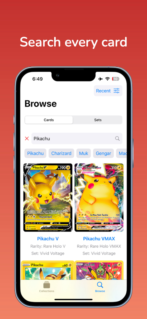 The Browse screen of the CatchEm app showing search results for Pikachu Pokemon cards including Pikachu V and VMAX versions.