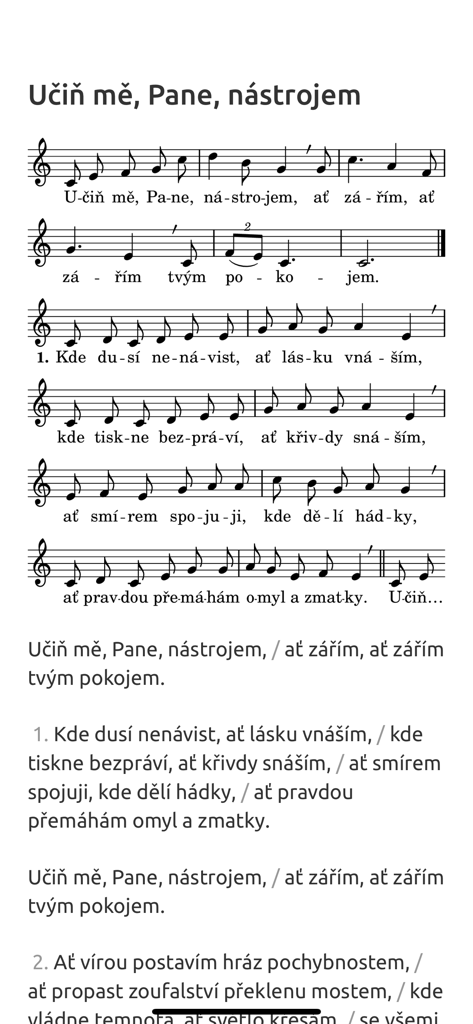 Sheet music and lyrics for a Czech Catholic hymn in the Kancionál app