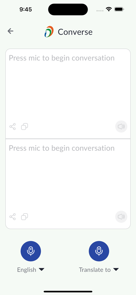 Bhashini app converse screen showing voice translation interface for English and Indian languages