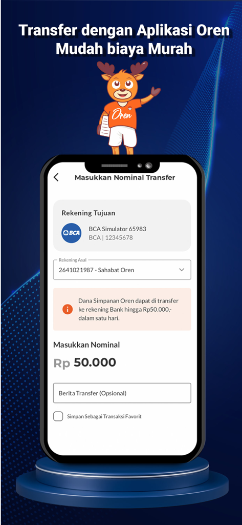 Oren by KOPNUS - Interfaccia dell'app mobile di Oren by KOPNUS che mostra un modulo di trasferimento di denaro per conti bancari indonesiani con un simpatico personaggio di un cervo.