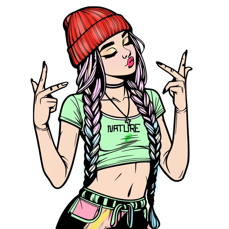 realistic teenage girl with braids and a beanie and crop top doing 🫶🏼