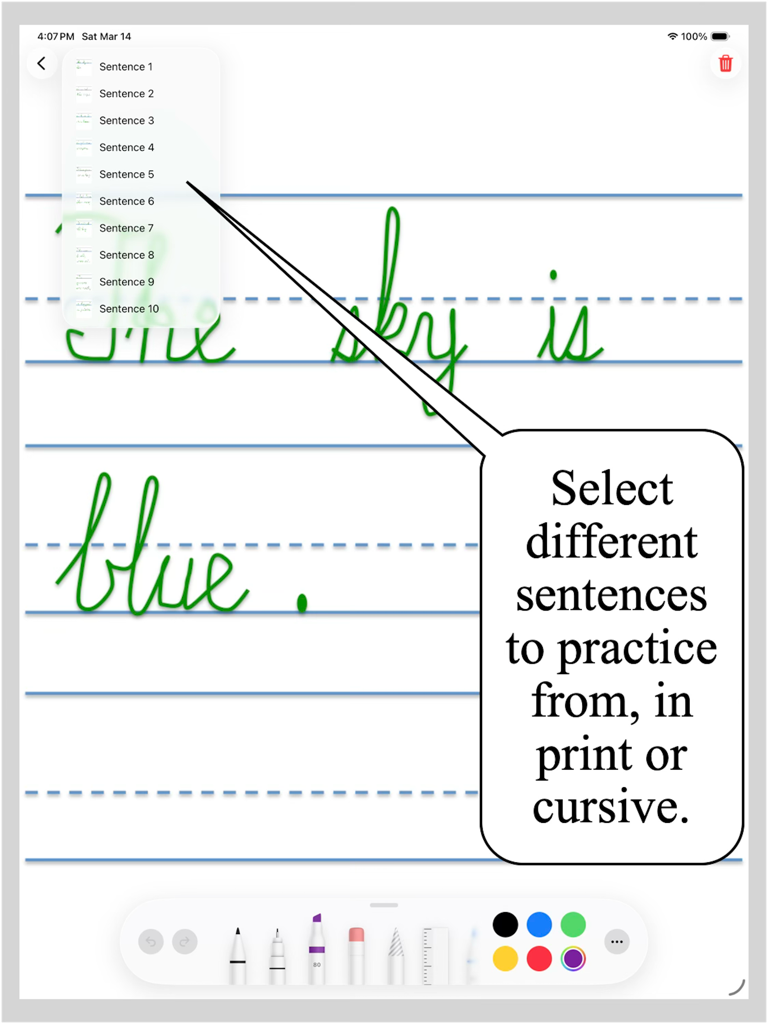 doodle write - Screenshot of the doodle write iPad app showing a cursive sentence practice screen with a menu to select different sentences