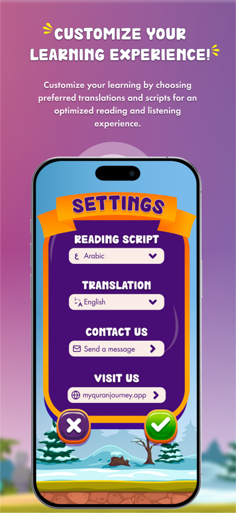My Quran Journey - Settings screen of My Quran Journey app displaying options for reading script and translation