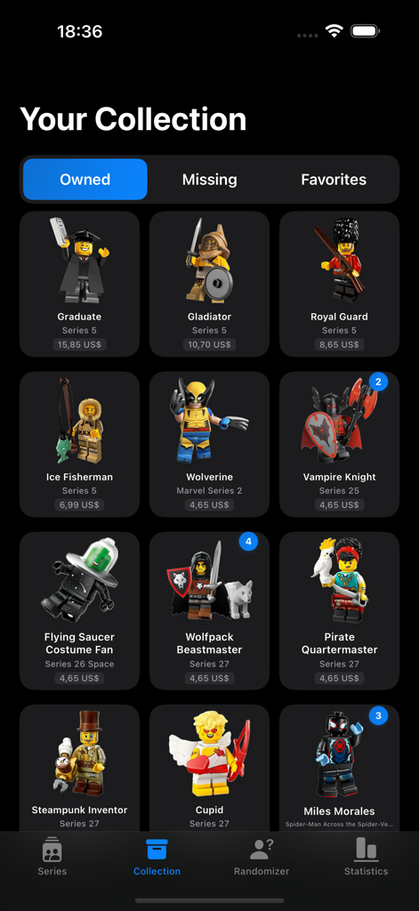 Captura de pantalla de la aplicación Minifigures Tracker mostrando una colección de Minifiguras LEGO poseídas con nombres, series y valores estimados.