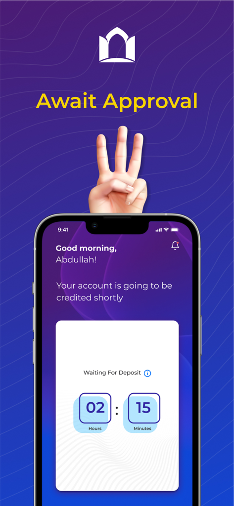 amlak: Personal Finance - Una pantalla de smartphone de la aplicación Amlak que muestra un temporizador de cuenta regresiva para un depósito de préstamo pendiente.