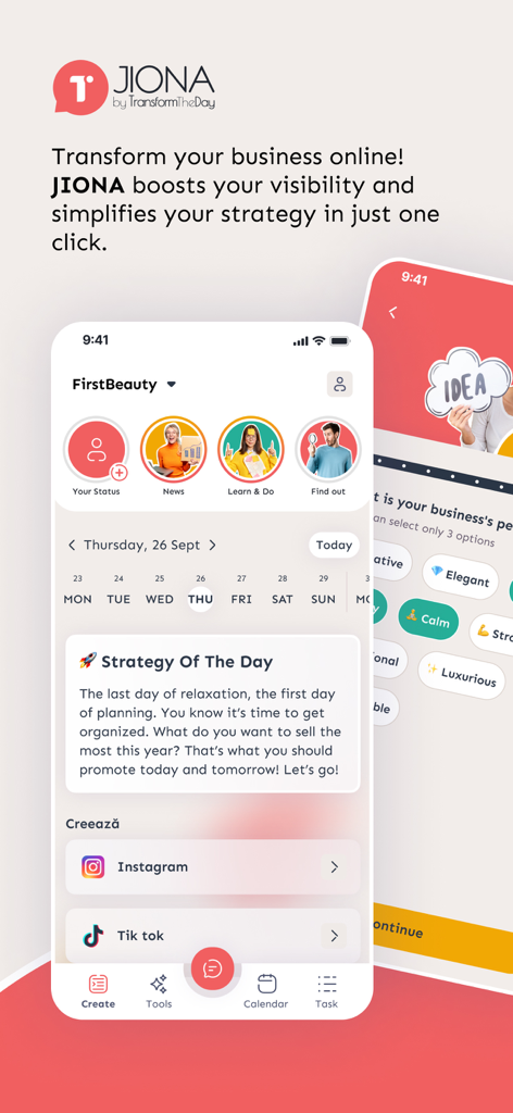 Transform the Day - The Transform the Day mobile app interface showing a daily marketing strategy and social media content buttons.