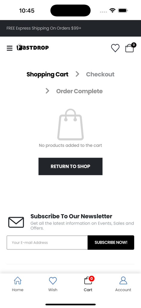 Pantalla de carrito de compras vacío en la aplicación móvil FastDrop que no muestra productos añadidos y un botón para volver a comprar.