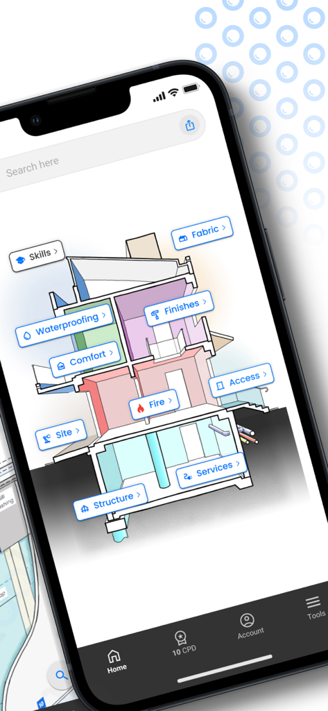 Building Tools - Interfaz de una aplicación móvil que muestra una sección transversal de edificio en 3D con etiquetas interactivas para varias categorías de códigos de construcción, como seguridad contra incendios e impermeabilización
