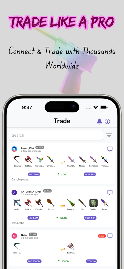 Mystery Trade Checker - Mystery Trade Checker app interface displaying user trade posts for MM2 items