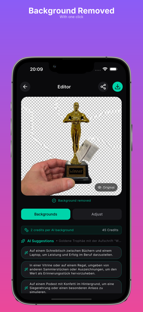 Backdrop AI - Interfaz de la aplicación Backdrop AI que muestra un trofeo dorado con el fondo eliminado automáticamente para fotografía profesional de productos