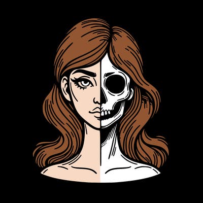 bust of a woman, half face and hair, half skull