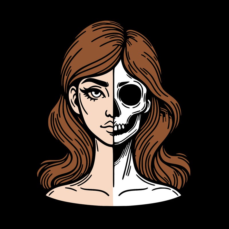 bust of a woman, half face and hair, half skull