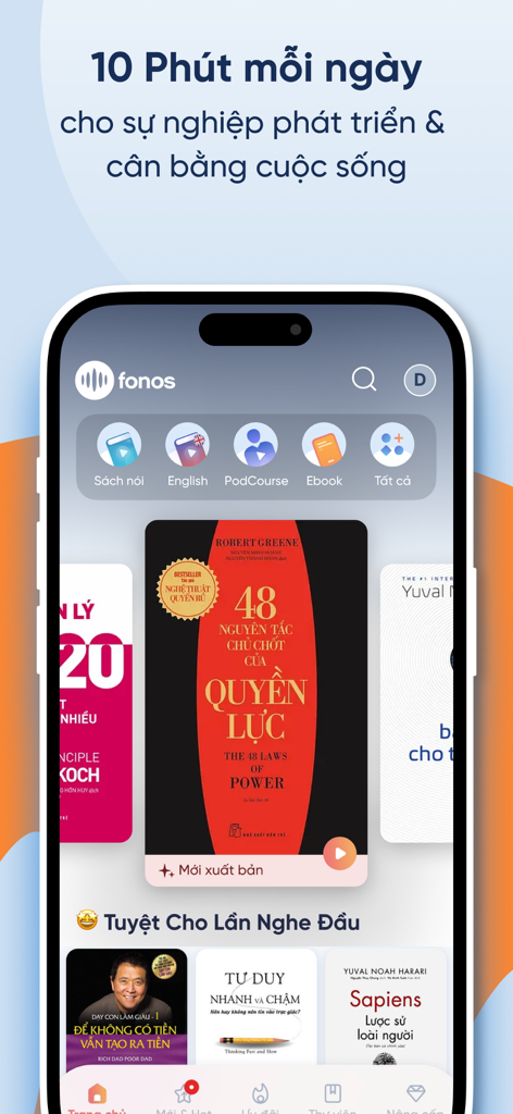 Fonos: Sách nói & PodCourse - Fonos app home screen showing Vietnamese audiobooks and podcourses