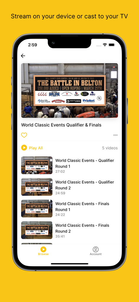 X Factor Team Roping - X Factor Team Roping mobile app displaying a list of competition video rounds for streaming