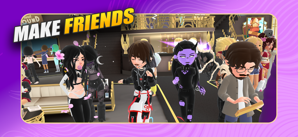 「友達を作ろう」というテキストと共に、仮想ホテルのロビーで交流する多様な3Dアバター