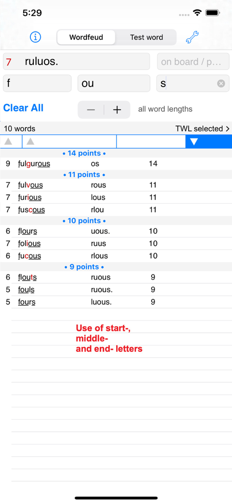 Words Finder Wordfeud/TWL - Words Finder app interface with word suggestions and scores