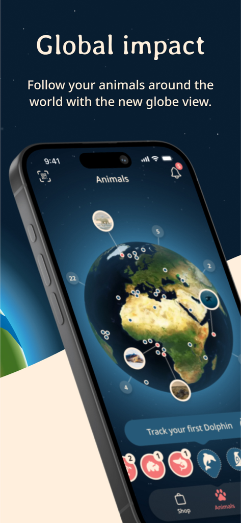 Fahlo Animal Tracker - 스마트폰이 추적된 동물 위치를 보여주는 3D 지구본과 함께 Fahlo 동물 추적기 앱을 표시합니다.