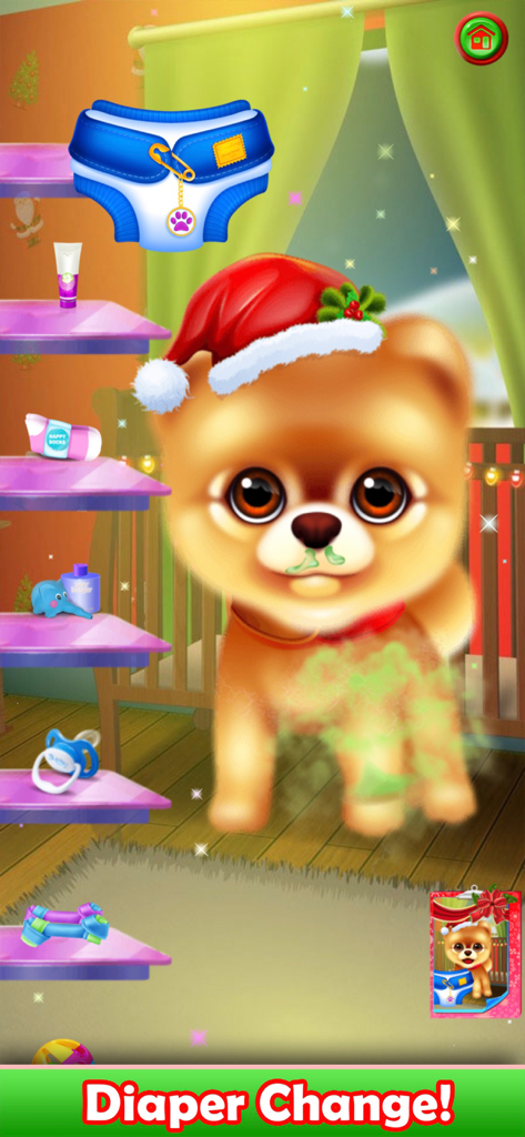 Pet Puppy Nursery Time - Um filhote fofo usando um chapéu de Papai Noel esperando para ter a fralda trocada na sala do berçário.