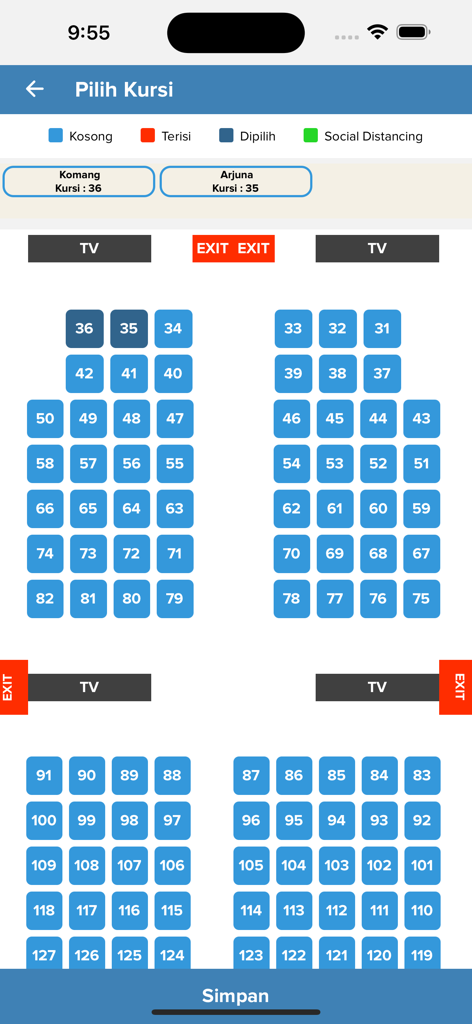 Interfaccia di selezione del posto per l'app di prenotazione traghetti Express Bahari Mobile