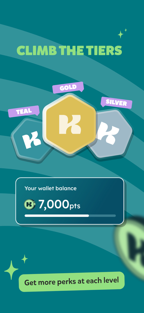 Interface do aplicativo Kitopi exibindo os níveis do programa de fidelidade, incluindo Teal, Gold e Silver, com um saldo de carteira de pontos.